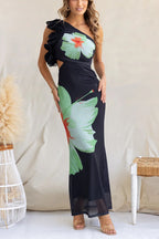 Floral Print One-shoulder Fitted Mesh Maxi Dress