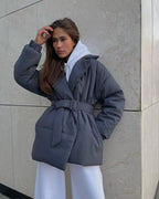 Tie Waist Cotton V-Neck Puffer Jacket