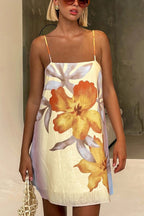 Summer Surprise Linen Blend Floral Print Slip H-line Mini Dress