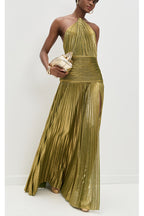 Glamorous Metallic Pleated Fabric Open Back Halter Slit Maxi Dress