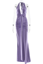 Solid Color Elegant Halterneck V-neck Open Back Tie Gathered Maxi Dress