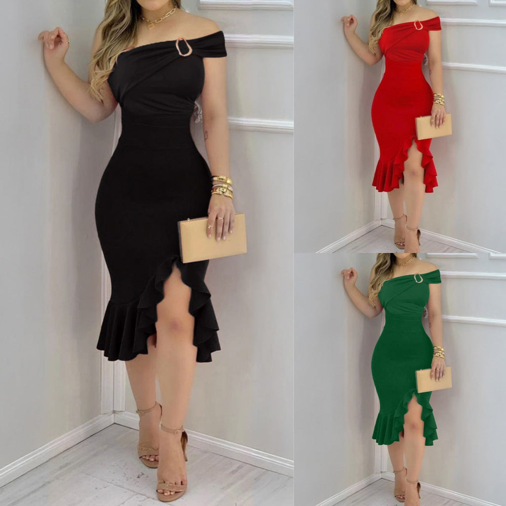 Natacha Minimalist Women's Evening Dress with Off the Shoulder Design and Voluminous Skirt Boutique Collection
