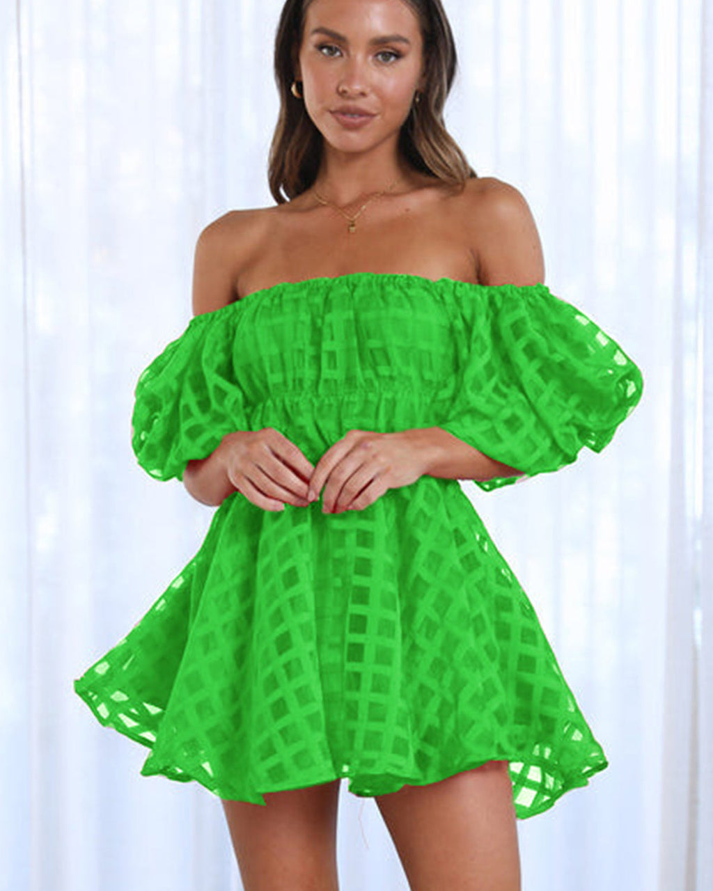 Diana Boutique Mini Dress with Puff Sleeves and a Checked Pattern Chic Silhouette Collection
