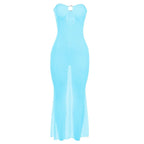 Mesh see through o ring hollow out backless tube maxi dress