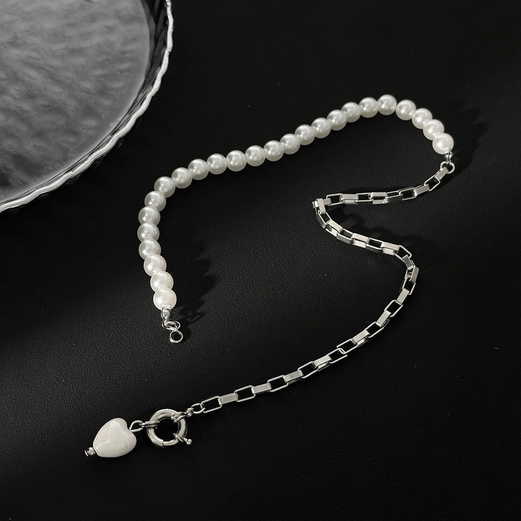Crystal Heart Pearl Bead Choker Necklace