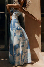 Terazza Ric Rac Linen Trims Unique Print Back Tie-up Slip Flared Linen Maxi Dress