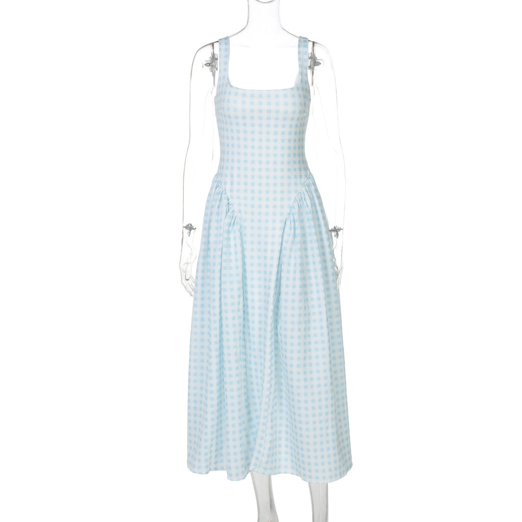 Adalae Plaid Backless Midi Dress