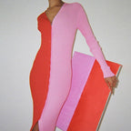 Abril Colorblock Button Front Knit Midi Dress Red Tan