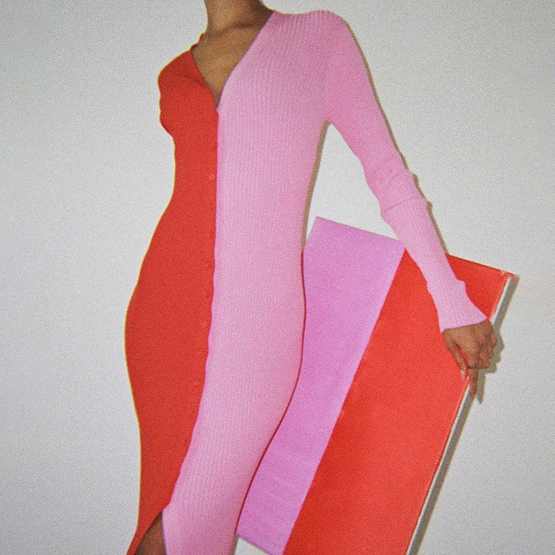 Abril Colorblock Button Front Knit Midi Dress Red Tan