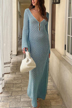 V Neck Button Down Knitted Cutout Long Sleeved Cover Up