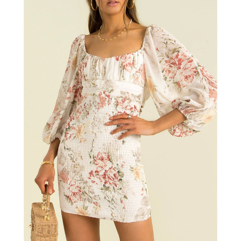 Emberly Linen Floral Puff Sleeve Mini Dress Ivory Multi