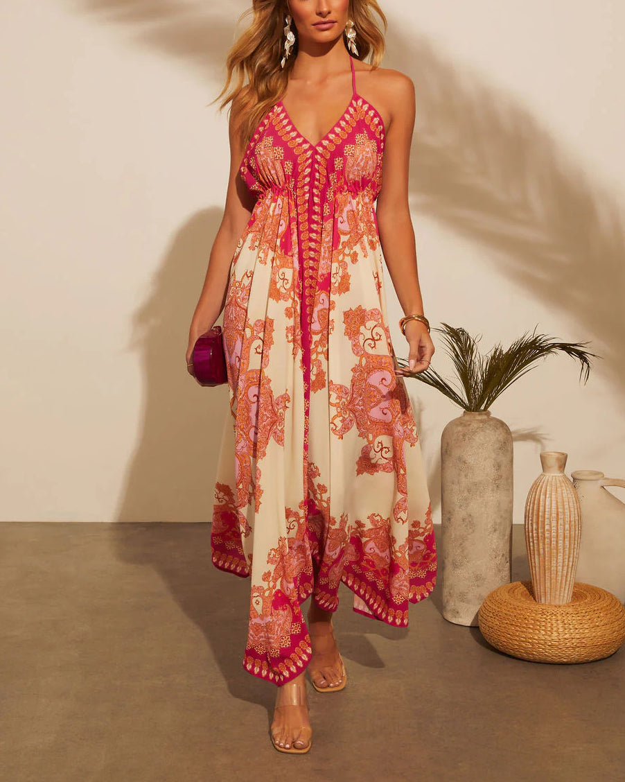Ladies Strapless V-neck Women's Beach Halter Backless Printed Fairy Long Temperament Dresses Swing Dresses