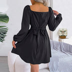 French Intellectual Square Collar Dress Pleated Waist Tight Slimming High Grade