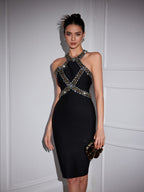 Halterneck Rhinestone Bandage Midi Dress