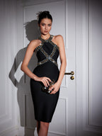Halterneck Rhinestone Bandage Midi Dress