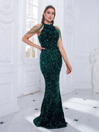 Beaded Sequin Halter Party Dress