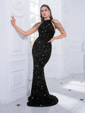 Beaded Sequin Halter Party Dress