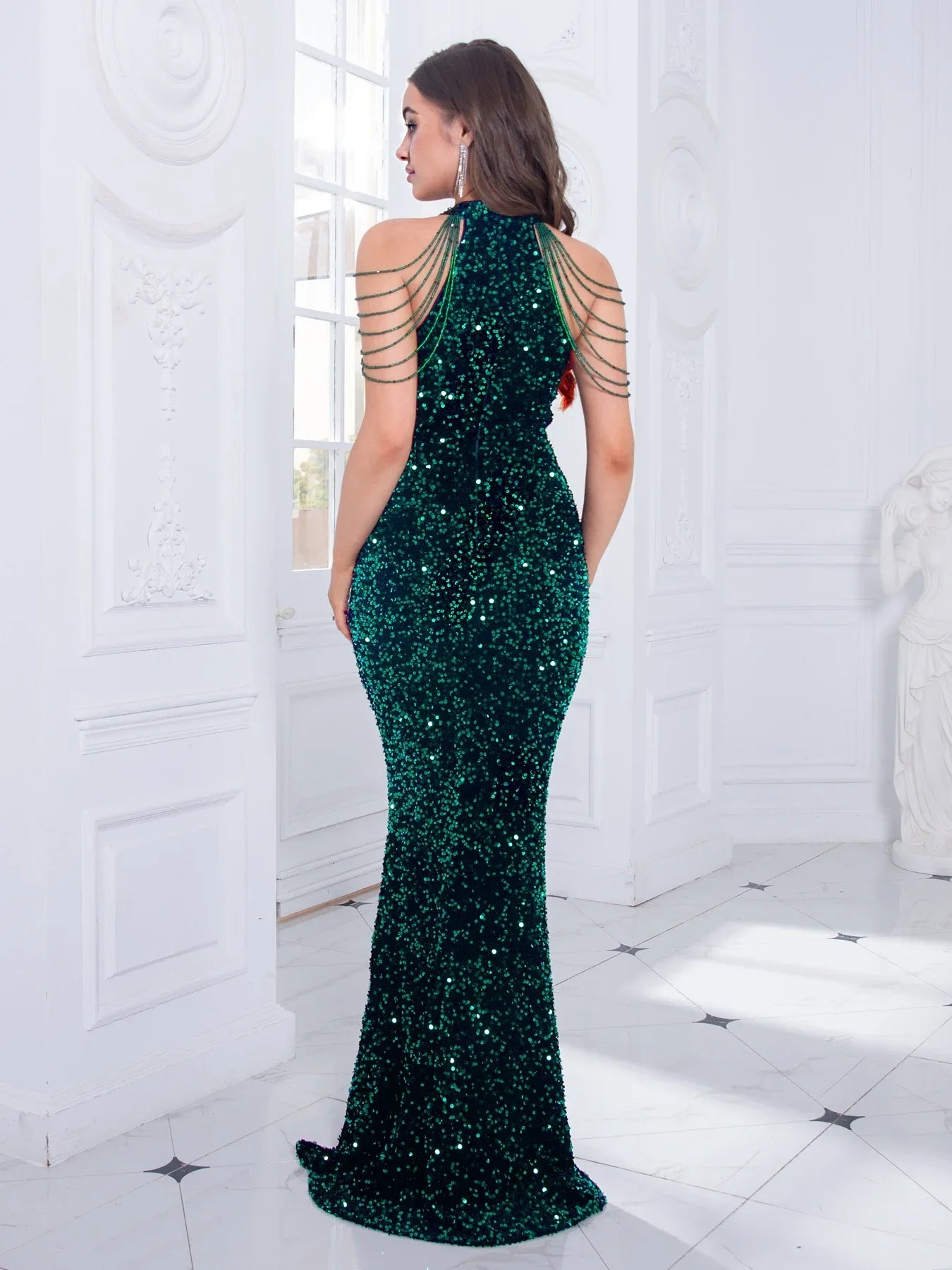 Beaded Sequin Halter Party Dress