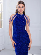 Beaded Sequin Halter Party Dress