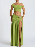 Off Shoulder Crop Top & Slit Maxi Dress Two Piece Set