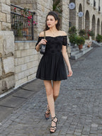 Off Shoulder Drawstring Cuffs Mesh Dress