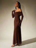 Off Shoulder Flounce Sleeve Mesh Sequin Dress