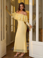Off Shoulder Long Sleeve Bodycon Mesh Dress