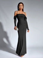 Off Shoulder Ruched Bust Mesh Sequin Mermaid Dress