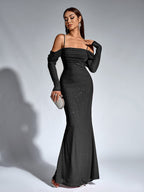 Off Shoulder Ruched Bust Mesh Sequin Mermaid Dress