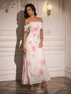 Off Shoulder Ruched Floral Print Dress