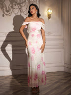 Off Shoulder Ruched Floral Print Dress