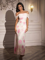 Off Shoulder Ruched Floral Print Dress