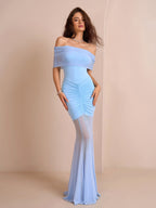 Off Shoulder Ruched Mesh Bodycon Dress