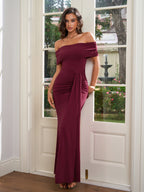 Off Shoulder Ruched Ribbon Trim Solid Dress