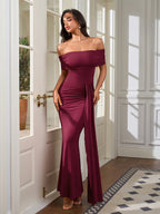 Off Shoulder Ruched Ribbon Trim Solid Dress