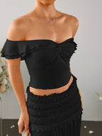 Off Shoulder Ruched Twist Front Top&Ruffle Low Waist Skirt
