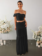 Off Shoulder Ruched Twist Front Top&Ruffle Low Waist Skirt
