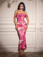 Ruched Off Shoulder Zipper Back Floral Bodycon Dress