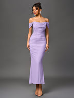 Off Shoulder Ruched Zipper Back Bodycon Dress