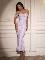 Ruched Off Shoulder Zipper Back Floral Bodycon Dress