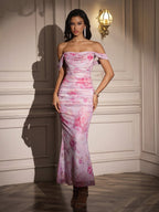 Ruched Off Shoulder Zipper Back Floral Bodycon Dress