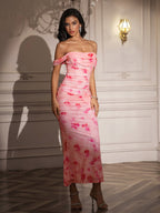 Ruched Off Shoulder Zipper Back Floral Bodycon Dress