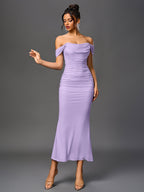Off Shoulder Ruched Zipper Back Bodycon Dress