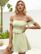 Off Shoulder Ruffle Detail Lace Trim Cami Dress