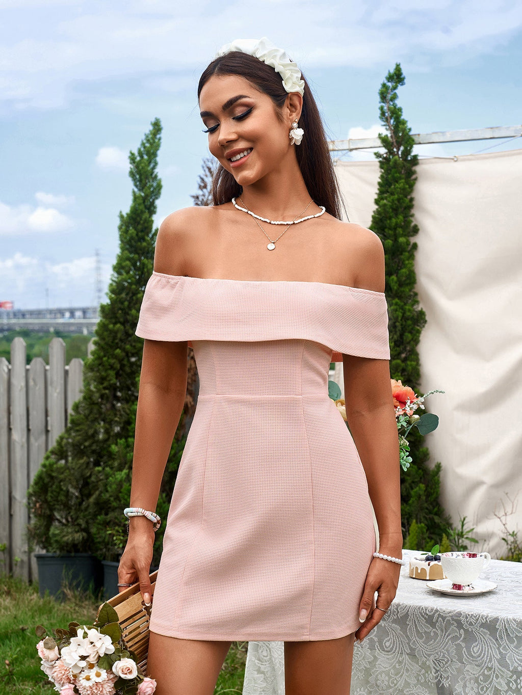 Off Shoulder Zipper Back Waffle Mini Dress