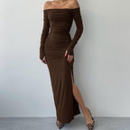 Off Shoulder Chest Slimming Pleated Split SocialiteElegant Dress