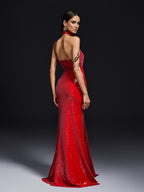 Halterneck Tie Up Sequin Maxi Dress