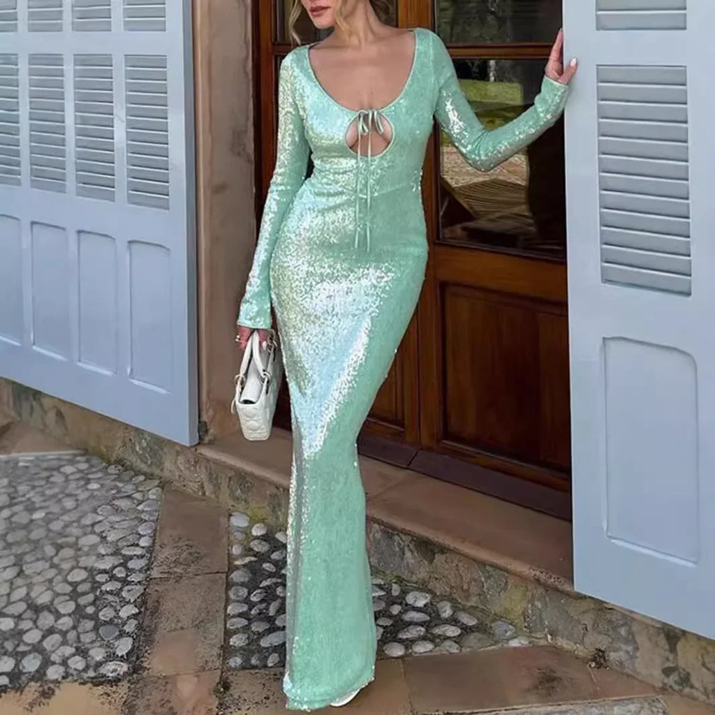 Long Sleeve Formal Occasion Dresses Sequins Elegant Maxi Dress Wedding Party Dress