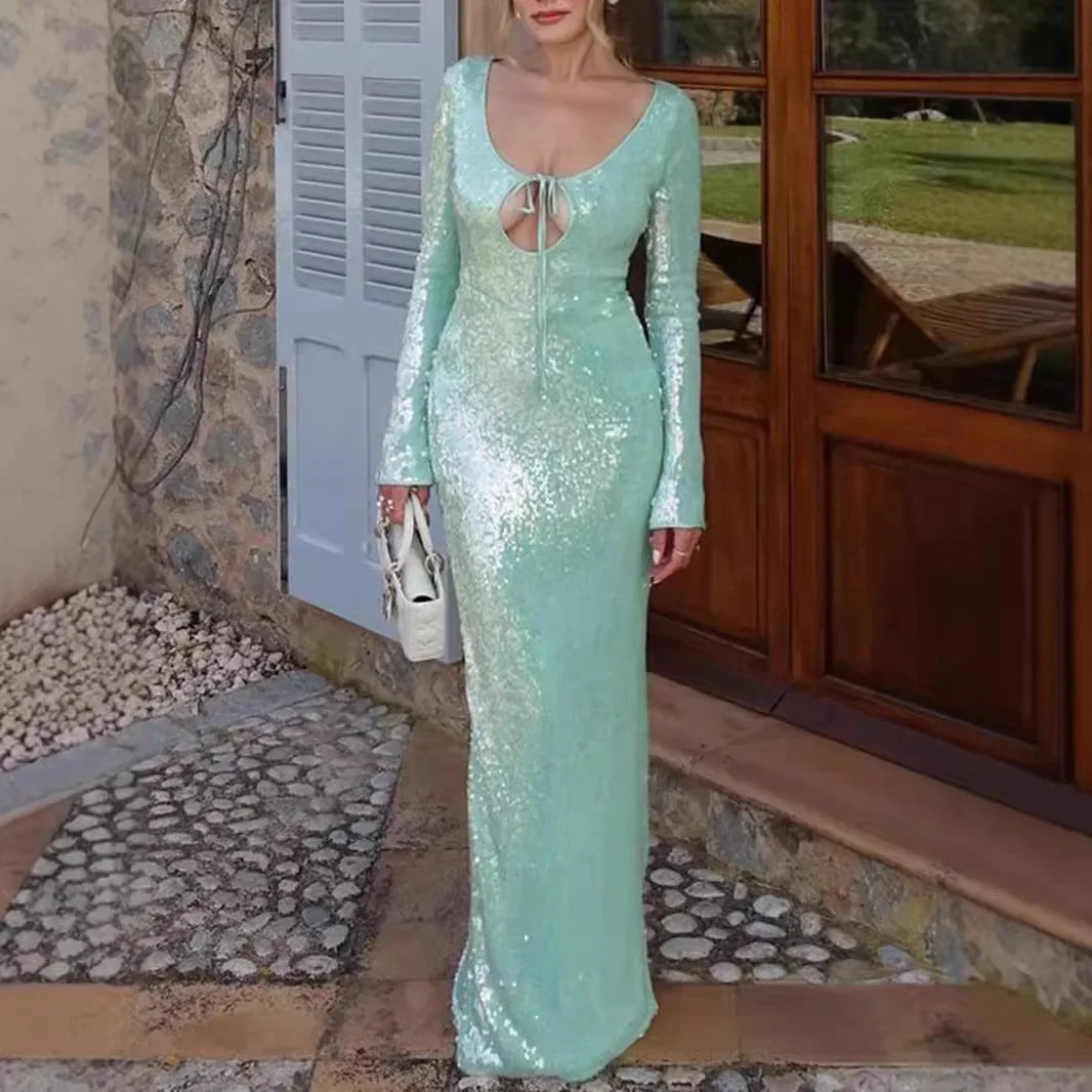 Long Sleeve Formal Occasion Dresses Sequins Elegant Maxi Dress Wedding Party Dress