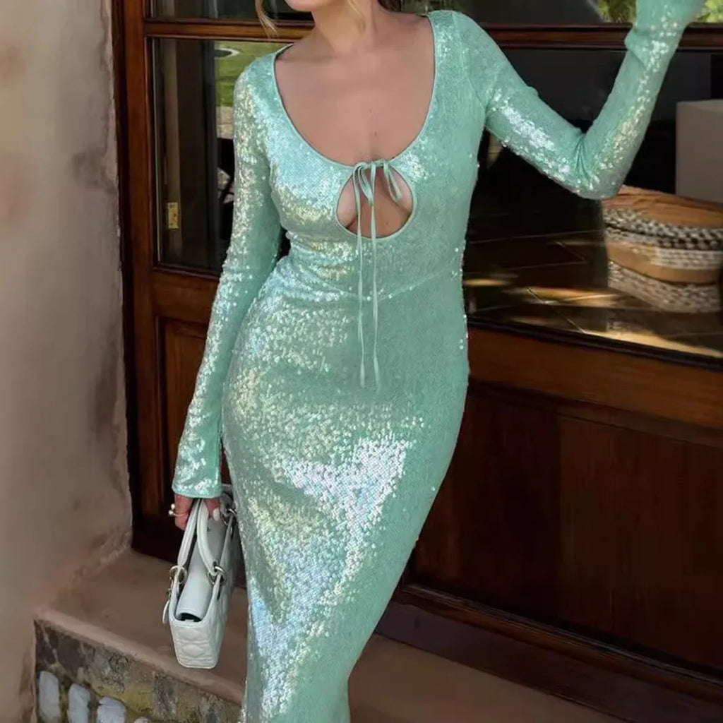 Long Sleeve Formal Occasion Dresses Sequins Elegant Maxi Dress Wedding Party Dress